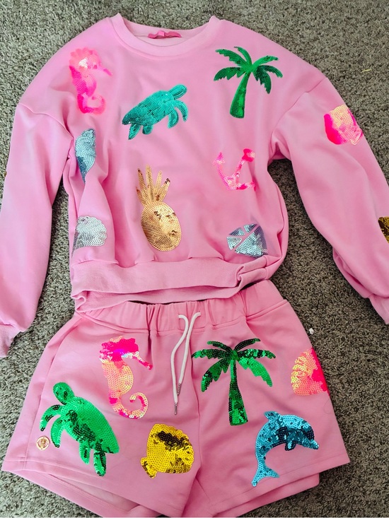 Simply Southern Pants - Simply Southern Pink Sequin Tropical Sweatshirt & Shorts